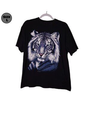 VINTAGE White Tiger Face USED Shirt (L, Single Stitch, Sunrise Sportswear)